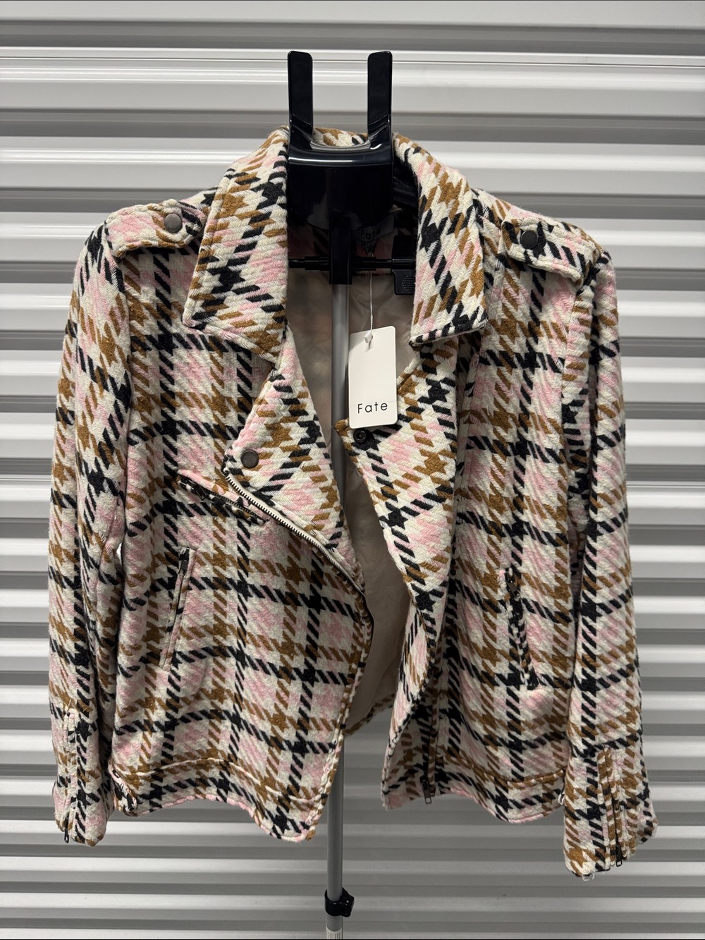 Fate Pink, Tan & Black Plaid Bomber Jacket